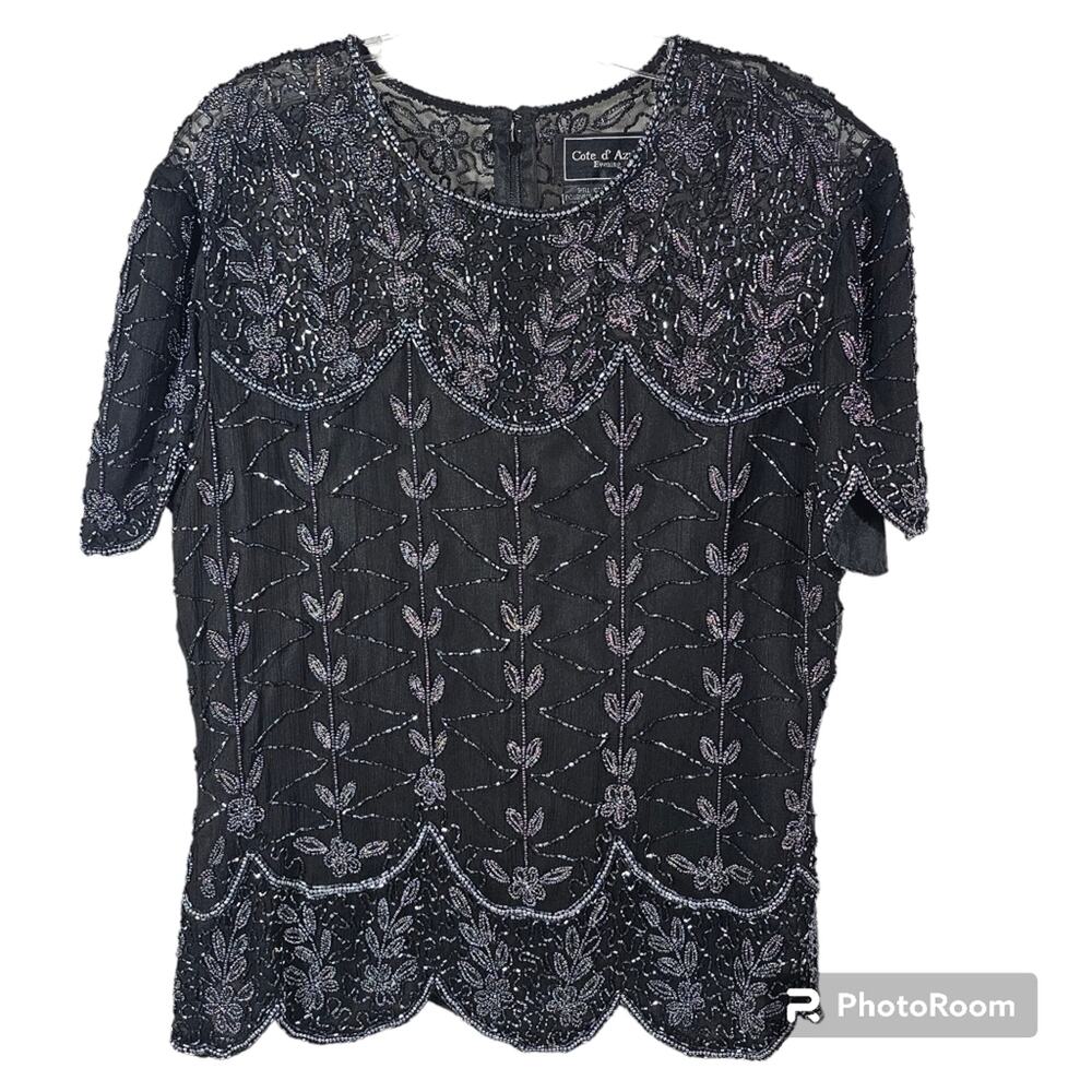 Cote d' Azure Evening NWOT Silk Beaded Formal Top Blouse Vintage Women's M